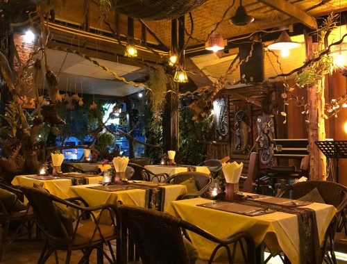 Charming rustic restaurant setting with warm lighting and decorative plants, perfect for a cozy dining experience.